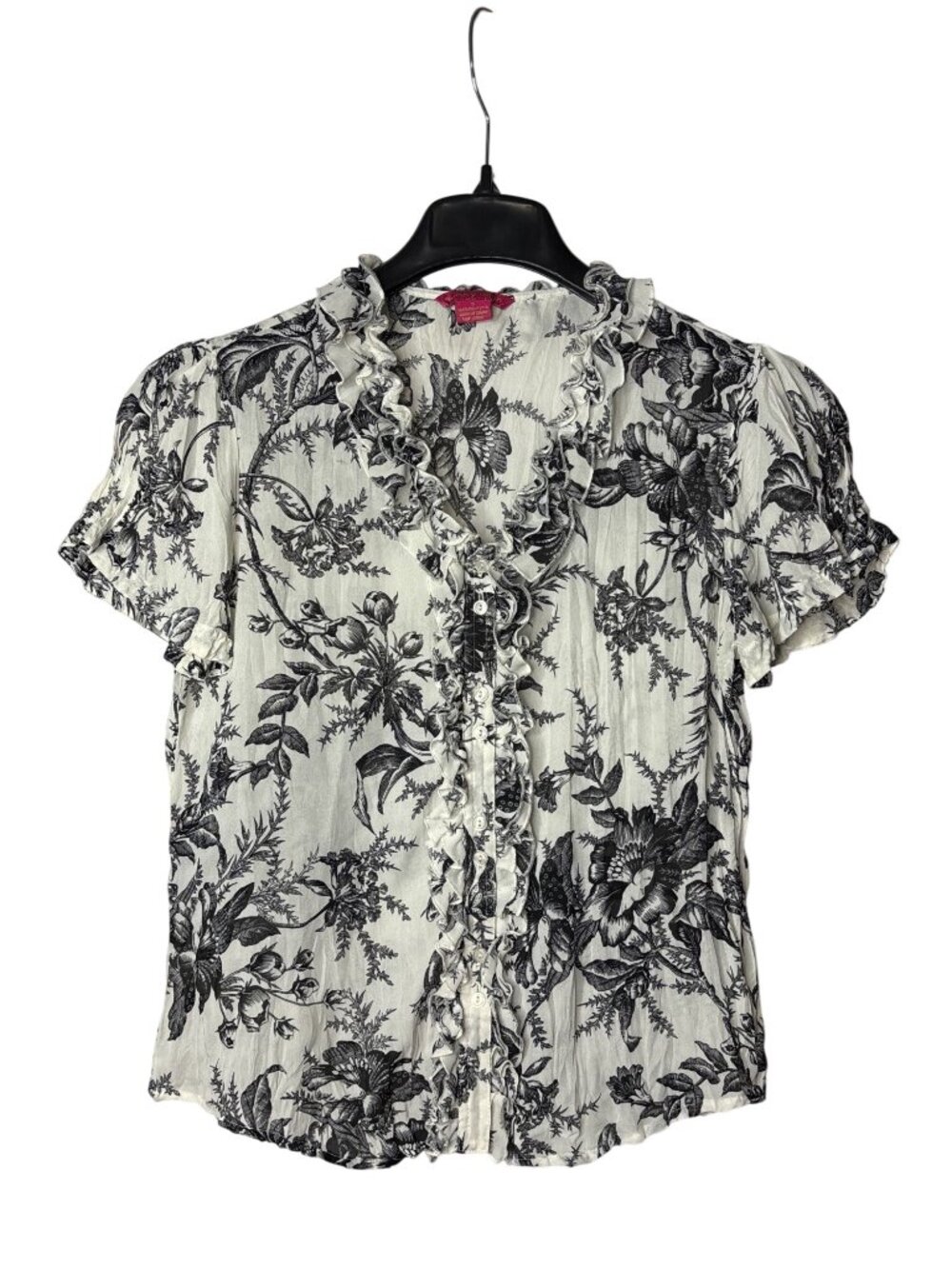 Sunny Leigh Sheer Floral Button Front Top Size S Black White Ruffles Vintage Y2K